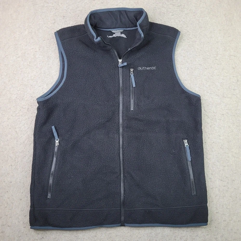 Eddie Bauer Men's L Large Sleeveless Full Zip Up Outdoor Fleece Vest Black Logo